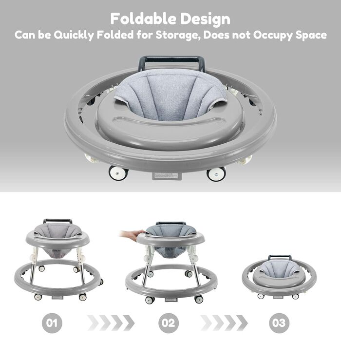 Дитячі ходунки з колесами, активний центр з безшумними колесами, захист від перекидання, регулювання висоти у 5 напрямках, складані, дитячі ходунки (Китай, сірий) Китай сірий