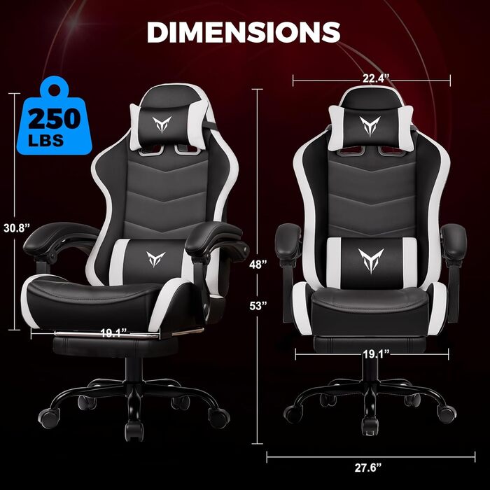 Ігрове крісло GTPLAYER, ергономічне офісне крісло з підставкою для ніг, регульованим підголівником та поперековою опорою, ігрове крісло, білий колір