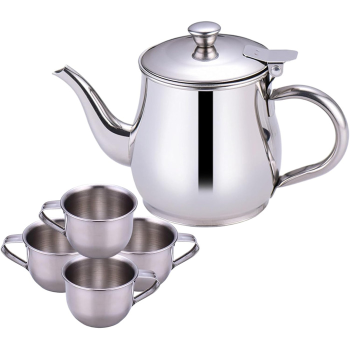 Дитячий чайний набір включає в себе портативний чайник з нержавіючої сталі обємом 330 мл з довгим носиком та фільтром, а також 4 чашки по 70 мл для чаювання вдома або в поході.