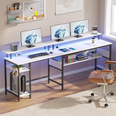 Г-подібний ігровий стіл Rolanstar зі світлодіодним освітленням та розетками, ігровий стіл з підставкою для монітора та місцем для зберігання, кутовий стіл з 2 гачками, великий двосторонній комп&39ютерний стіл для офісу (білий, 137 x 108 см) Білий 137 x 10