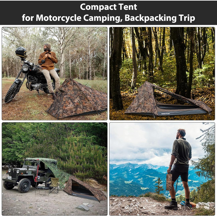 Намет-бівак GEERTOP на 1 особу, бівак-мішок, трекінговий намет, кемпінговий намет, міні-пакет, легкий, на 3-4 сезони для кемпінгу, походів, подорожей та скелелазіння на свіжому повітрі, реалістичний камуфляж, на 1 особу