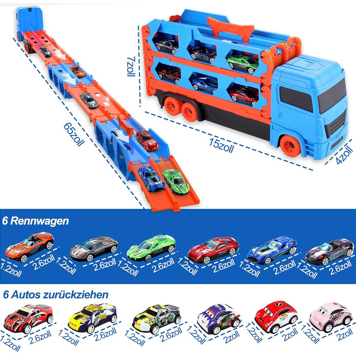 Транспортна вантажівка іграшкові автомобілі для хлопчиків у віці 3 4 5 6 7 років, 170см іграшковий автомобіль-транспортер, портативна іграшкова вантажівка з 6 гоночними автомобілями, 6 від'їжджаючими автомобілями, набір транспортних засобів для дітей