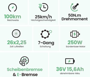 Міський електровелосипед Touroll B2 26 дюймів з двигуном 250 Вт 50 Нм та знімним акумулятором 36 В 561,6 Втгод, міський велосипед з педелектом, електричний велосипед, 25 км/год, запас ходу 100 км, електровелосипеди для дорослих, чоловіків та жінок, міськи