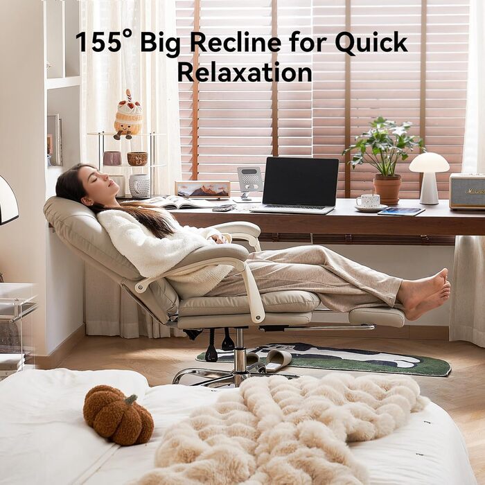 Ергономічне офісне крісло EMIAH з підставкою для ніг, регульоване стільце зі штучної шкіри, зручне сучасне косметичне крісло з колесами, миле комп&39ютерне крісло із середньою спинкою для дому, вантажопідйомність до 150 кг, бежева штучна шкіра