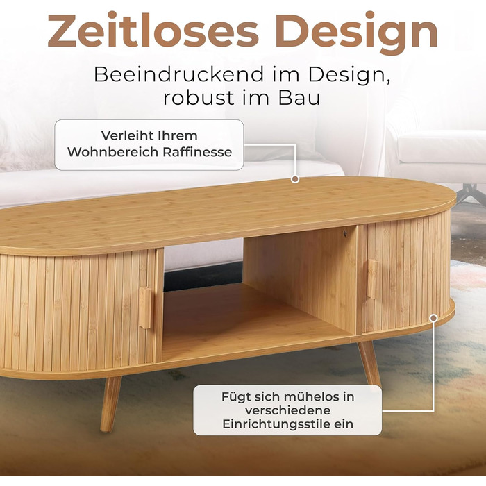 Журнальний столик Nordkapp, стіл для вітальні з 2 розсувними дверима, бамбуковий диван-столик з місцем для зберігання, журнальний столик з дерев&39яними ніжками, 120 x 55 x 40 см