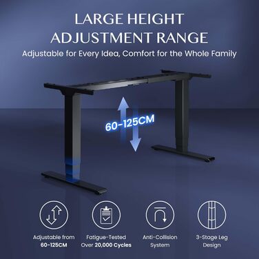 Каркас столу FLEXISPOT з регулюванням висоти, подвійний двигун та 3-рівневі ніжки, регулювання висоти 60-125 см, каркас столу зі світлодіодним дисплеєм висоти, 4 положення пам&39яті та захист від зіткнень (колір Nobel Black) EC5-Lite Black