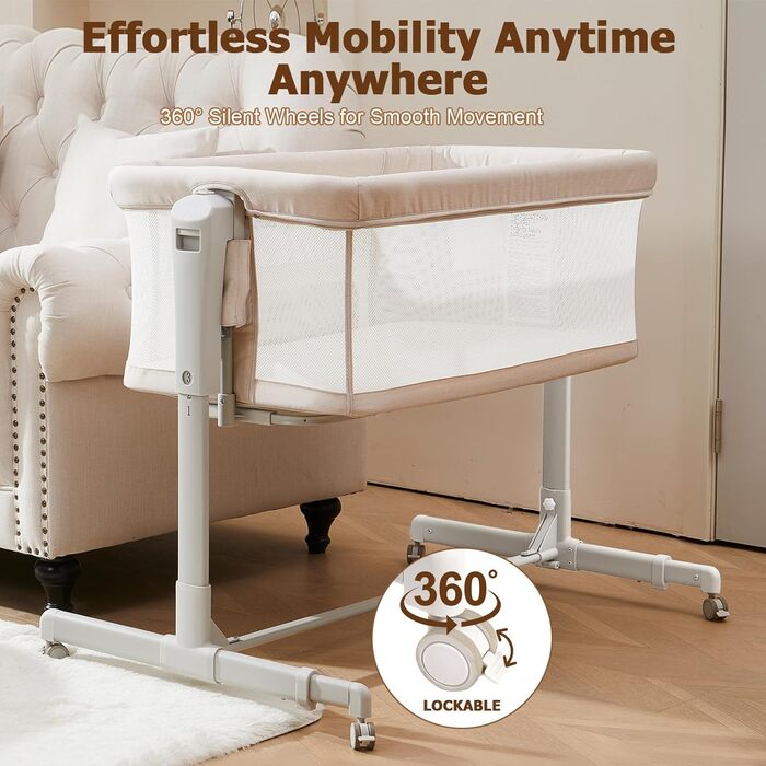 Дитяча колиска 3-в-1 &quotПоруч зі мною&quot для новонароджених, ліжко-гойдалка з бічним ліжком, дихаючою сіткою та безшумними поворотними колесами на 360 з фіксатором, регульована на 6 рівнів висоти, вівсянка