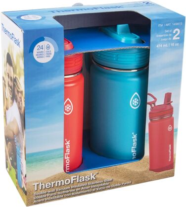 Термопляшки для води ThermoFlask з подвійними стінками з вакуумною ізоляцією з нержавіючої сталі, 473 мл, червоні/сині, 2 шт. 16 у