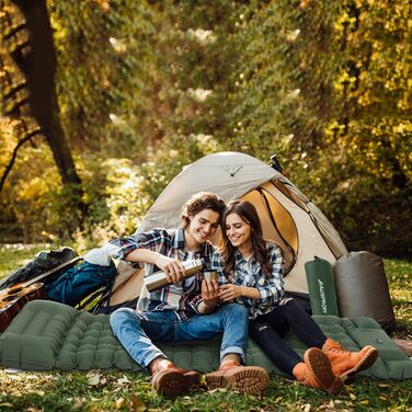Килимок для сну HAUSPROFI, надлегкий надувний матрац для кемпінгу з ножним насосом та подушкою, надувний матрац, компактний та легкий, килимок для кемпінгу для походів, пляжу, використання на свіжому повітрі, армійський зелений