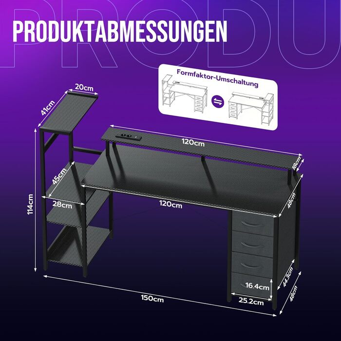 Ігровий стіл YOUDENOVA, 150 x 50 см, метал / дерево / вуглецеве волокно, чорний