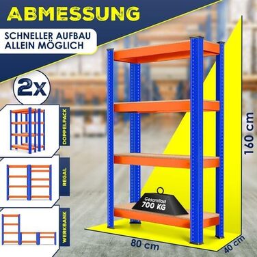 Комплект полиць для зберігання MASKO з 2 предметів, міцні стелажі, підвальні стелажі, 160x90x40 см, вантажопідйомність до 700 кг, 4 регульовані полиці, МДФ-панелі, металевий стелаж, безболтові стелажі, стелажі для майстерні, підвал, гараж, помаранчево-син