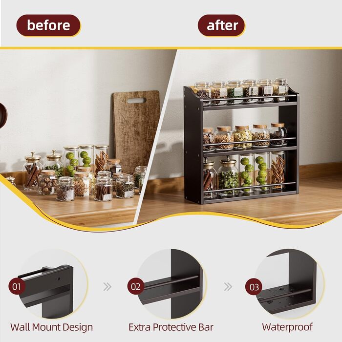 Рівнева підставка для спецій з бамбукового дерева, банки для спецій, полиця-органайзер для спецій або рукоділля, кухонна стільниця або настінне кріплення (коричневий колір), 3-