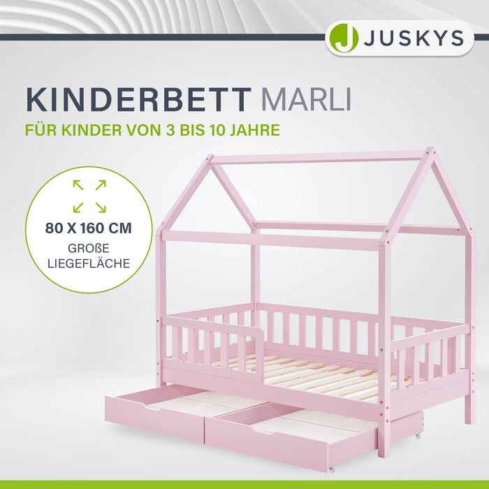 Дитяче ліжко Juskys Marli 80 x 160 см з матрацом, ящиком для ліжка, захисними поручнями, рейковою основою та дахом - Ліжко-будиночок з масиву дерева для дітей - Ліжко рожевого кольору