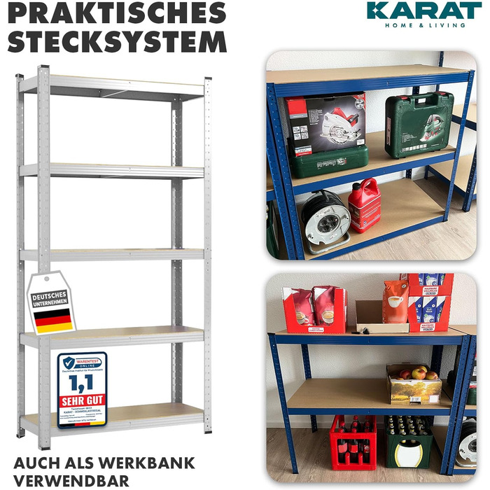 Надміцний стелаж KARAT, 180 x 90 x 60 см, безболтовий стелаж, підвальний стелаж, металевий стелаж - виготовлений зі сталі - 5 регульованих полиць (оцинкованих) 180 x 90 x 60 см сріблястий