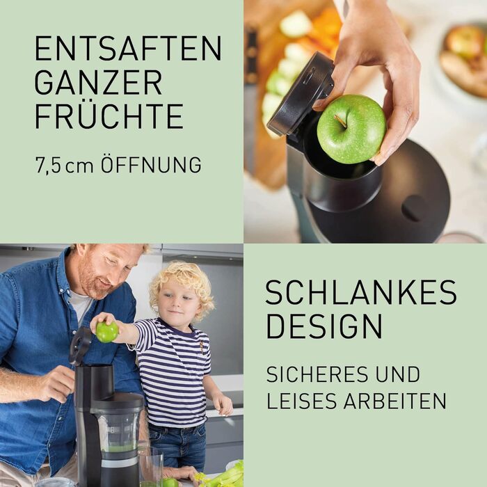 Повільна соковижималка Panasonic MJ-L700KXE, електричний прес для фруктів, вичавлювання соку з цілих фруктів і овочів, отвір 75 мм, тонкий дизайн, безпечний і практичний, чорний, матовий чорний одинарний