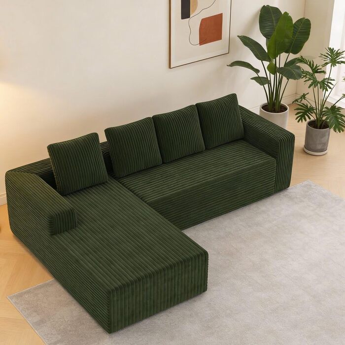 Кутовий диван, 4-місний диван, 3-місний диван, модульний компресійний диван з L-подібним шезлонгом, не потребує складання (плюс вельветова тканина) (зелений)