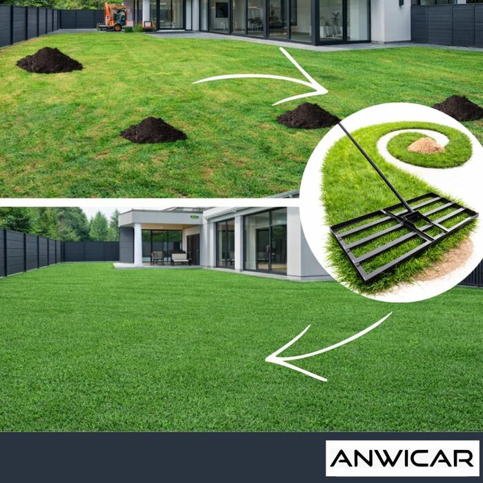 Гребінь для вирівнювання газону з нержавіючої сталі 60x30 см з ручкою 150 см - Міцний вирівнювач для рівномірного догляду за газоном - Ракель для вирівнювання піску та розгладження газону для саду та спортивних майданчиків