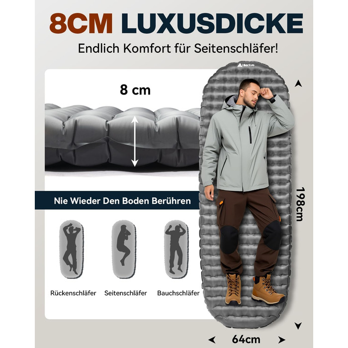 Килимок для сну HIKENTURE 6.2 R-value, надлегкий, товщина 8 см, надувний килимок для сну, кемпінговий повітряний матрац, невеликий розмір у упаковці, 4 сезони, килимок для сну для кемпінгу, відпочинку на природі, походів, сірий 198 см