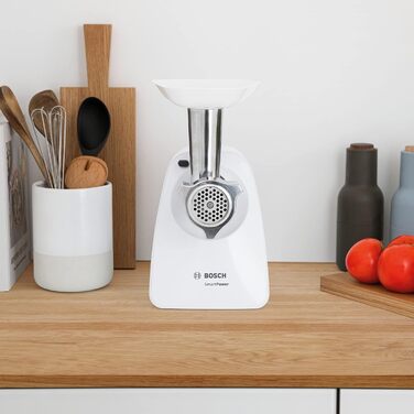 М'ясорубка Bosch SmartPower MFW2500W, електрична, маленька, компактна, одноступінчаста, потужна, 1 перфорований диск з нержавіючої