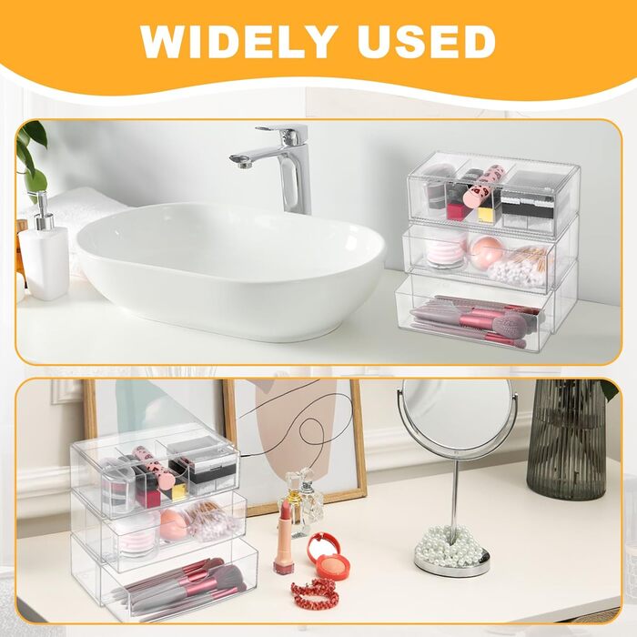 Акриловий органайзер для косметики Hejo з 3 предметів, органайзер для макіяжу, органайзер для туалетного столика, органайзер для шухляд у ванній кімнаті, штабелюваний органайзер для макіяжу, контейнер для ватних тампонів для ванної кімнати та комода (проз