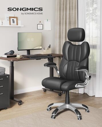 Офісне крісло SONGMICS, ігрове крісло, регульований підголівник, функція гойдання, письмове крісло, регульовані підлокітники, універсальні колеса, регульована висота, чорний колір OBG65BK