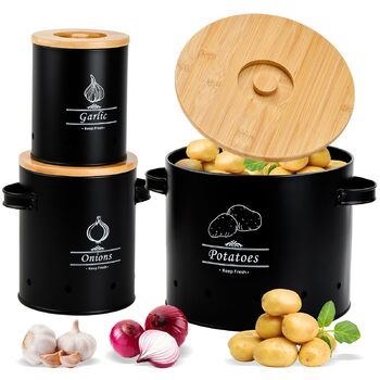 Набір із 3 контейнерів для зберігання картоплі, цибулі та часнику, металеві з вентиляційними отворами, штабелювана конструкція з бамбуковими кришками, кухонний органайзер для овочів (чорний)