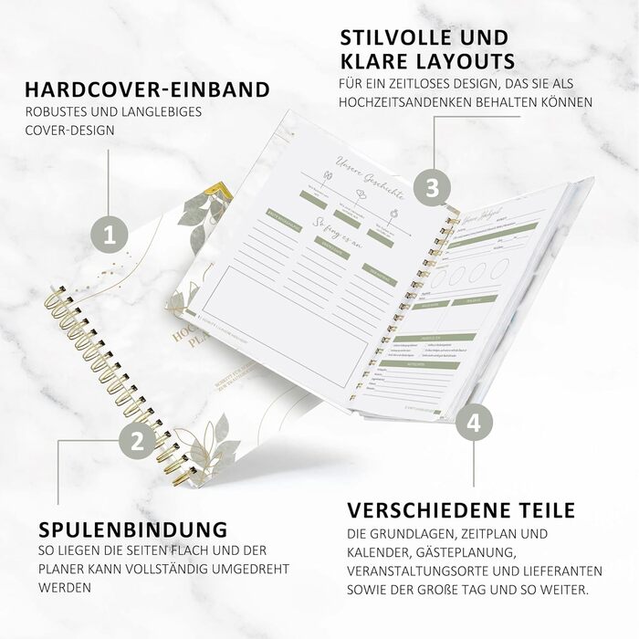 Весільний планувальник німецькою мовою для великого дня, 160 сторінок з розкладом, контрольними списками, часовим графіком та порадами, весільна книга з календарем, чудовий подарунок на заручини - DIN A4 Modern (німецька)