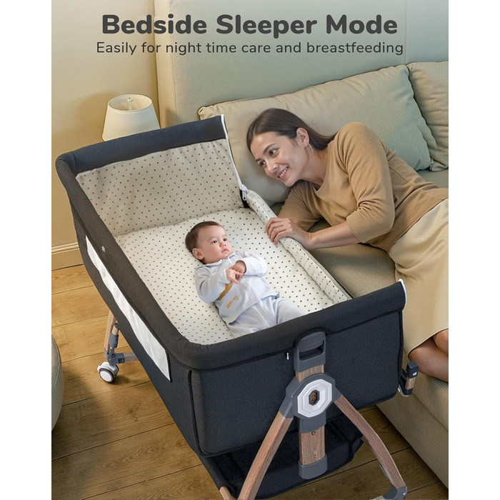 Дитяче ліжко COMOMY 3-в-1, дитяче ліжечко, дитяча колиска на колесах, включаючи матрац та москітну сітку, регулювання висоти в 6 напрямках