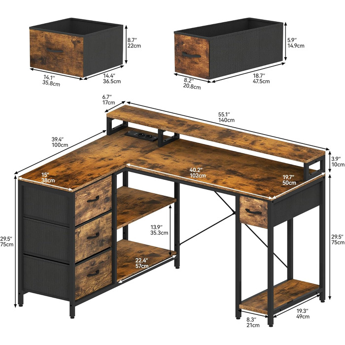 Подібний письмовий стіл із USB-портом для зарядки та розеткою, двосторонній кутовий стіл із 4 шухлядами та полицею, ігровий стіл із підставкою для монітора, 140x100 см, комп&39ютерний стіл для офісу, коричневий