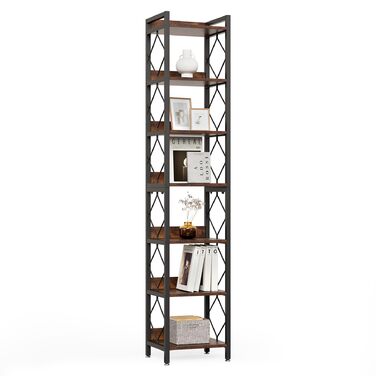 Ярусна книжкова полиця LITTLE TREE, полиця на одному місці, окремостояча полиця, вітальня, спальня, кабінет, 35 x 35 x 200 см, промисловий дизайн, вінтажний коричнево-чорний, 7-