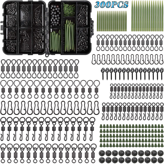Вертлюги для риболовлі на коропа Набір застібок Матовий чорний Швидкозмінний роликовий поворотний пристрій Швидкісні ланки Захист від заплутування Втулки Гачки Стопори Намистини Гвинти Оснащення з коробкою для рибальських аксесуарів, 300 шт.