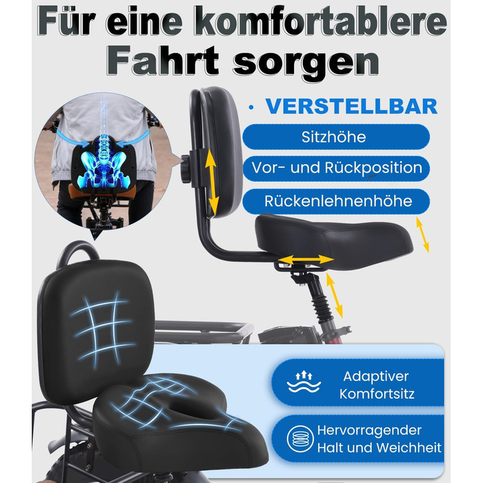 Електричний триколісний велосипед KAKIGO для дорослих, товсті шини 20x4, складаний алюмінієвий електровелосипед, двигун 250 Вт, 65 Нм, акумулятор 48 В 15,6 Аг, 25 км/год, передній та задній кошики, диференціал, запас ходу 90 км, червоний, з тримачем для т