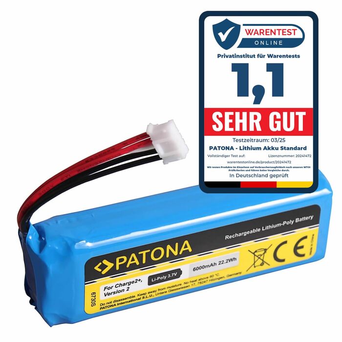 Акумулятор PATONA 6730, заміна для JBL GSP1029102R P763098 CS-JML310SL ємністю 6000 мАг, сумісний з JBL Charge 2, Charge 2 Plus та Charge 3 версії 2015 року.