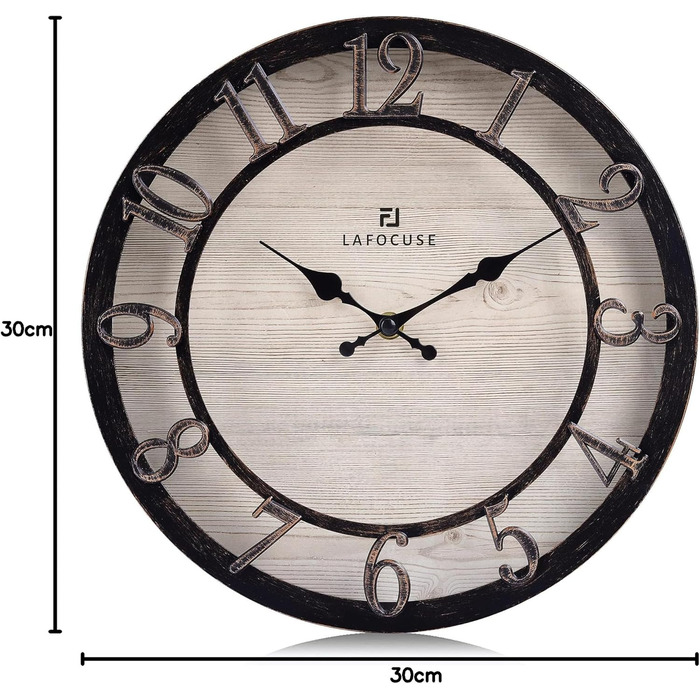 Настінний годинник Lafocuse Vintage безшумний чорний, ретро великі підняті 3D цифри, кантрі стиль безшумний пошарпаний шикарний ан