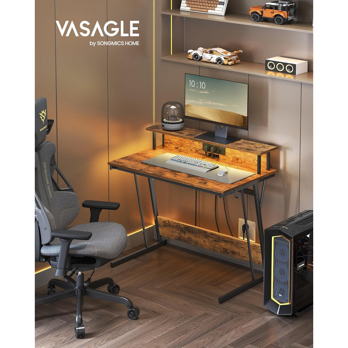 Ігровий стіл із вбудованим подовжувачем, Комп&39ютерний стіл, з підставкою для 2 моніторів, Спальня, 60 x 100 x 76 см, Вінтажний коричневий LWD191K01 100 x 60 см Вінтажний коричневий