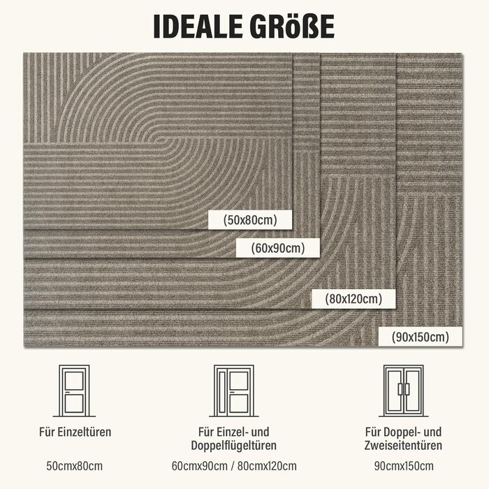 Килимок для вловлювання бруду FEOMOS для приміщень/зовнішнього використання 60x90 см, нековзний абсорбуючий килимок для дверей, який можна прати та міцний, для вхідних дверей, коридору, балкону, кухні - бежевий 60x90 см