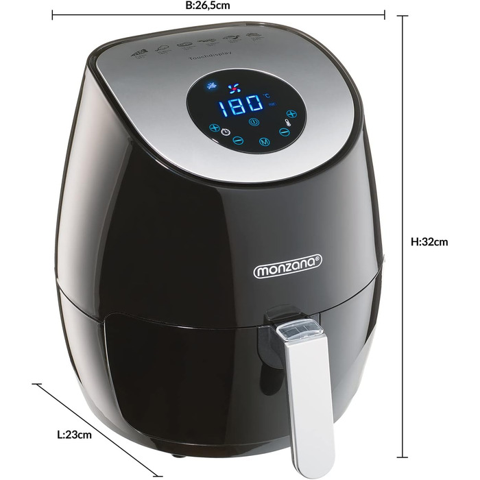 Фритюрниця MONZANA Цифровий світлодіодний сенсорний дисплей 3.6 л без мастила 6 програм Фритюрниця з антипригарним покриттям Духовка з гарячим повітрям чорна