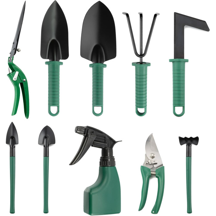 Набір садових інструментів з нержавіючої сталі, 10 предметів. Комплект для догляду за садом, набір для роботи в саду з кейсом, набір для розсади, ручні садові інструменти, ідеальний подарунок для садівників та садівниць.