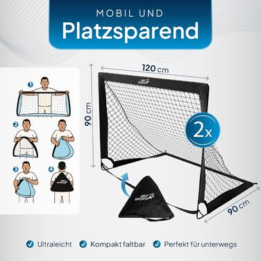 Футбольні ворота ArtSport Pop-up Goal Master - Набір з 2 шт. з аксесуарами - Складні та швидко встановлюються - 2 футбольні ворота для використання в приміщенні та в саду - Дитячі футбольні ворота, Чорні