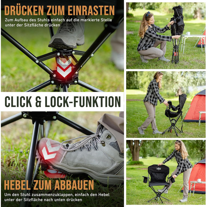 Складаний кемпінговий стілець, чорний, до 150 кг, із задньою кишенею для подушки або грілкової пляшки, обертається на 360