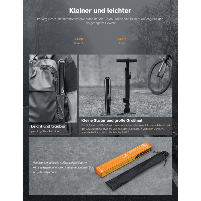 Велосипедний насос Tiakia з манометром, маленький велосипедний насос для всіх типів вентилів, алюмінієвий міні-насос, портативний насос для шин Schrader та Presta, шосейні та гірські велосипеди, 260 PSI/18 бар