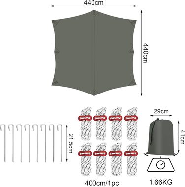Намет брезентовий водонепроникний, брезентовий тент ультралегкий, тентовий тент з люверсами, кемпінговий брезентовий захист від сонця SPF50, з мотузками-кілочками, для походу-пікніка 4,4х4,4 м