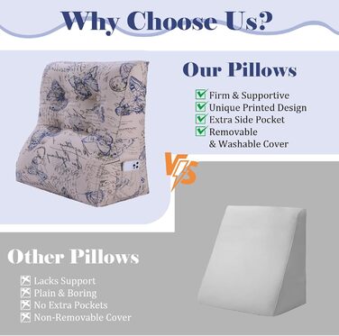 Вигнута подушка для читання для ліжка, узголів&39я, клиноподібна подушка для підтримки спини, піднята спинка для сидіння в ліжку або дивані, зі знімним чохлом, синя з метеликами, 60 см
