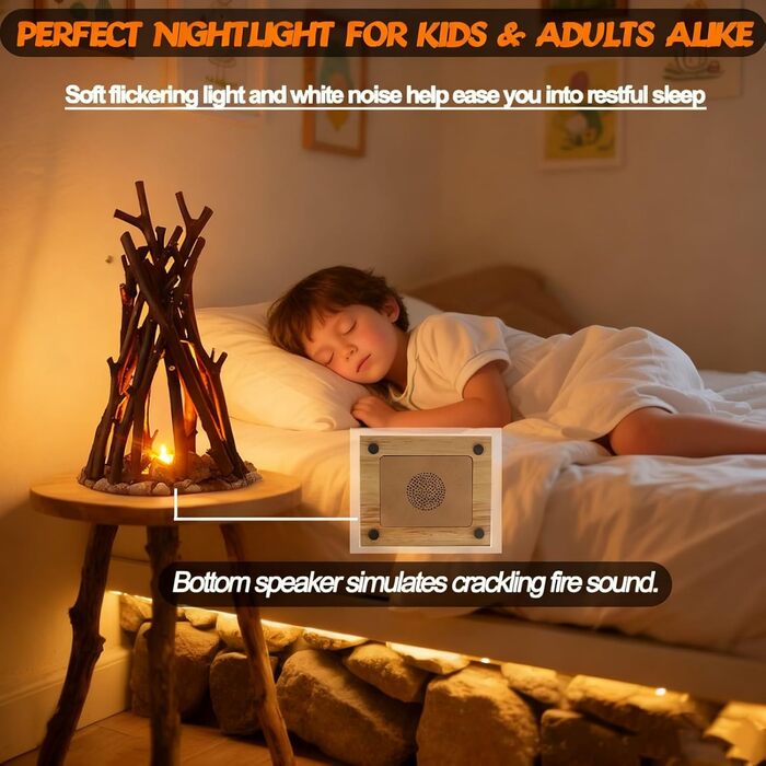 Лампа для вогнища на батарейках з підсвічуванням кам&39яної основи, реалістичний скрипучий звук, 3 регульовані режими освітлення, портативна лампа зі штучним полум&39ям з природним виглядом