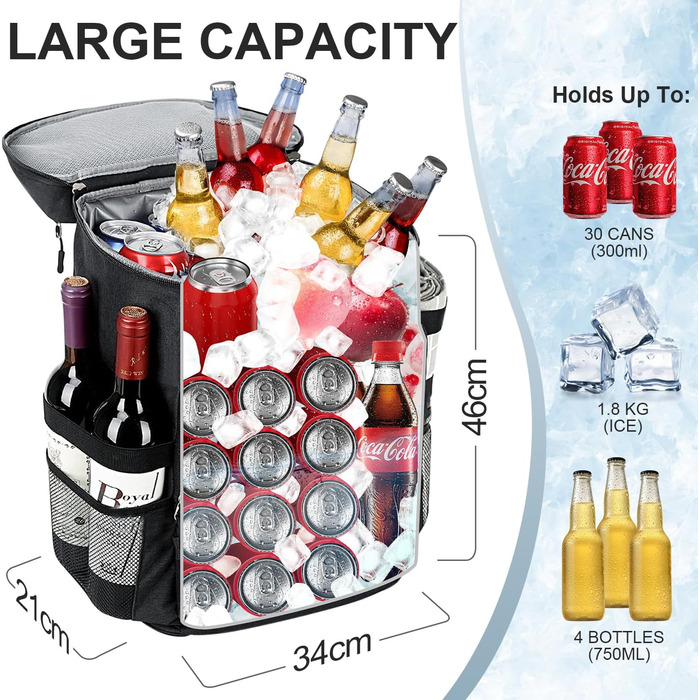 Рюкзак-холодильник Estarer 35L, рюкзак для пікніка, водонепроникний рюкзак з відкривачкою для пляшок для кемпінгу, походів та використання на пляжі, чорний