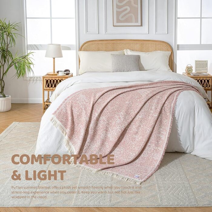 Бавовняна ковдра ACUSHLA, м&39яка ковдра, мікрофібра, м&39яке, затишне, пухнасте та дихаюче покривало, ковдра для дивана, ліжка, пікніка, подорожей, легка ковдра (рожево-білий)