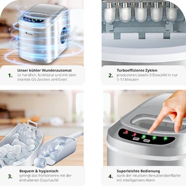 Машина для виробництва кубиків льоду tectake, 12-15 кг за 24 години, льодогенератор, 9 кубиків льоду за 5-13 хвилин, льодогенератор з резервуаром для води на 2,4 літра, льодогенератор, включаючи совок для льоду та відро для льоду, 2 розміри кубиків - сріб
