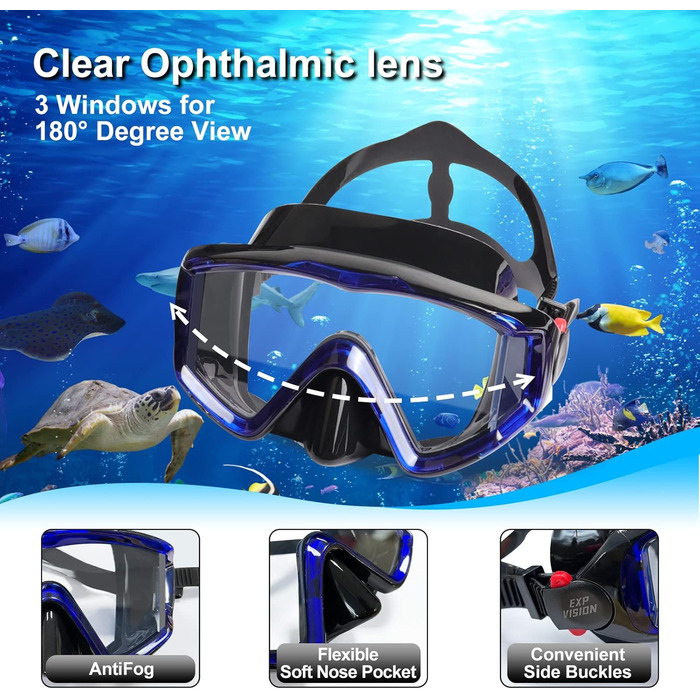 Набір для сухого підводного плавання, маска для підводного плавання Pano з 3 вікнами, окуляри для дайвінгу з захистом від запотівання та трубка, професійне спорядження для підводного плавання для дорослих, синій