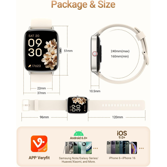 Розумний годинник для чоловіків та жінок з функцією телефону, фітнес-годинник 1,85 дюйма, понад 100 спортивних режимів, фітнес-трекер з моніторингом серцевого ритму/SpO2/сну, крокомір, водонепроникний спортивний годинник IP68 для iOS та Android, бежевий