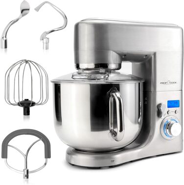 Кухонний комбайн ProfiCook з чашею з нержавіючої сталі XXXL Міксер 10 л з двигуном 1500 Вт Тістомісильна машина з гаком і віночком Машина для замішування тіста Захист від бризок з отвором для наповнення PC-KM 1096 Нержавіюча сталь 10 літрів